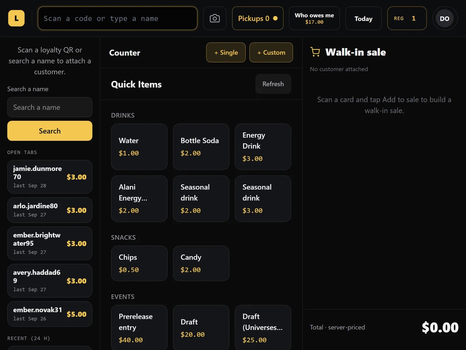 Counter point of sale on a tablet with a scan bar, open tabs for customers, Quick Items tiles for drinks, snacks and event entries, and an empty walk-in sale.