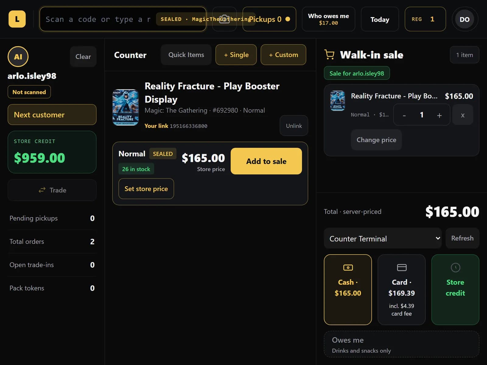 Counter sale for a demo customer with a store credit balance, one booster display in the sale, and Cash, Card and Store credit payment buttons.