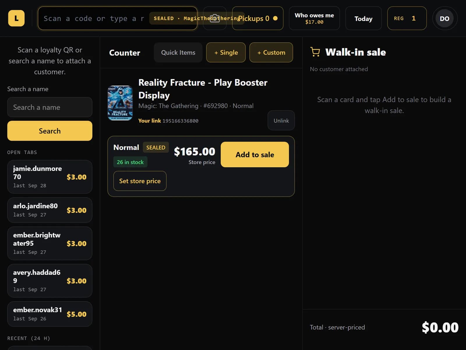 Counter screen after scanning a booster display barcode, showing the product, 26 in stock, a 165 dollar store price and Add to sale and Set store price buttons.
