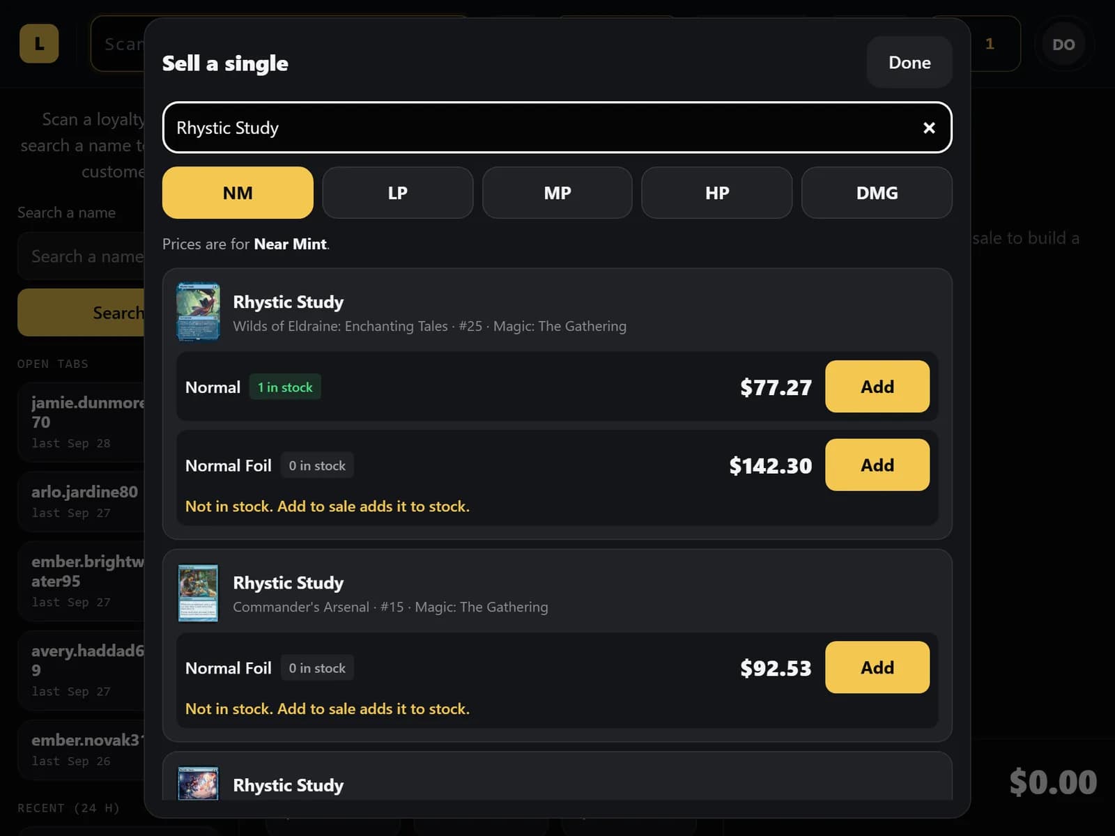 Sell a single sheet with a card name search, condition buttons from NM to DMG, and printings of the card with prices, stock counts and Add buttons.