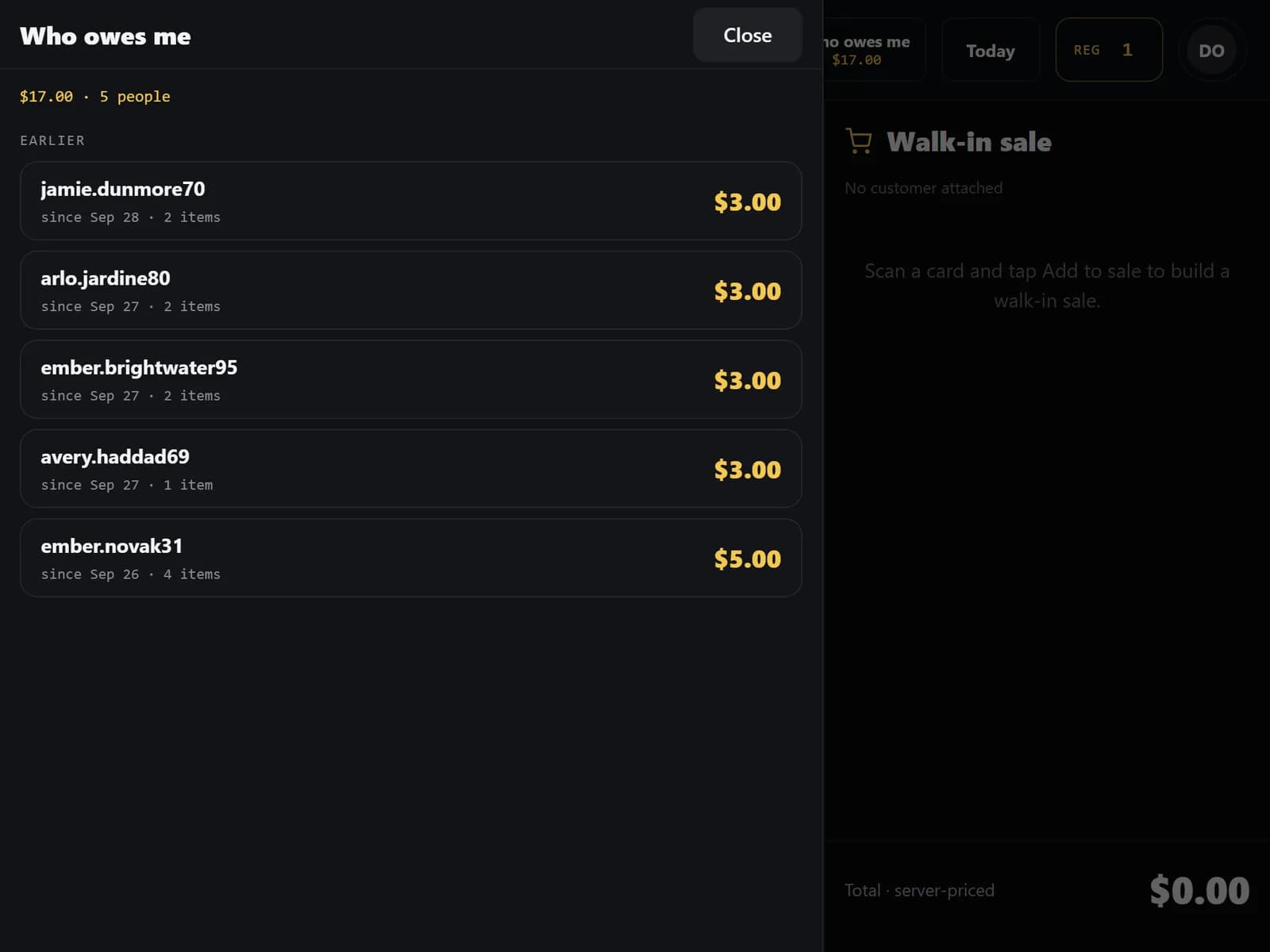 Who owes me drawer listing five demo customers with open tab balances, start dates and item counts.