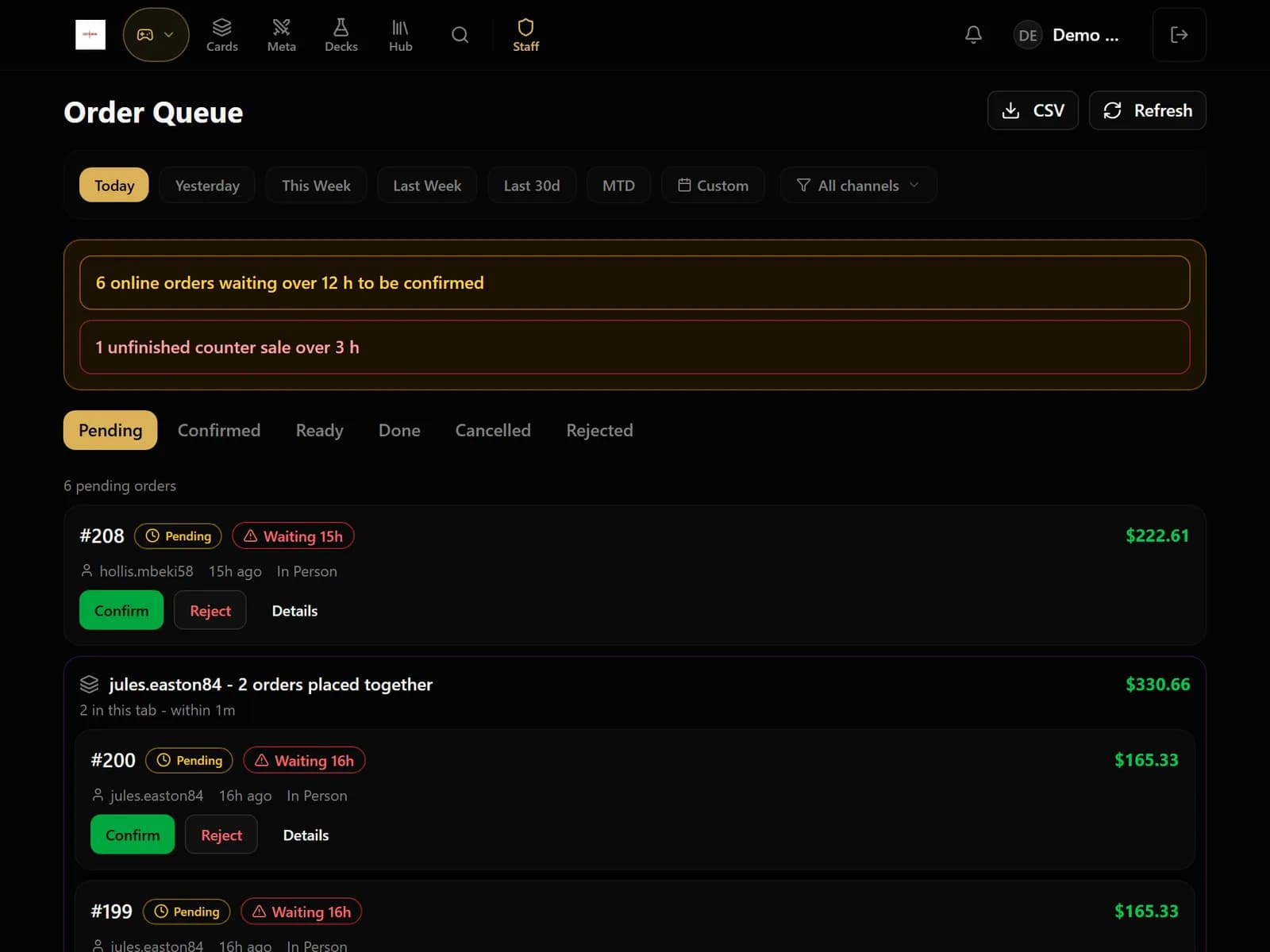Order Queue with warnings for online orders waiting over 12 hours and an unfinished counter sale, and pending orders with Confirm and Reject buttons.