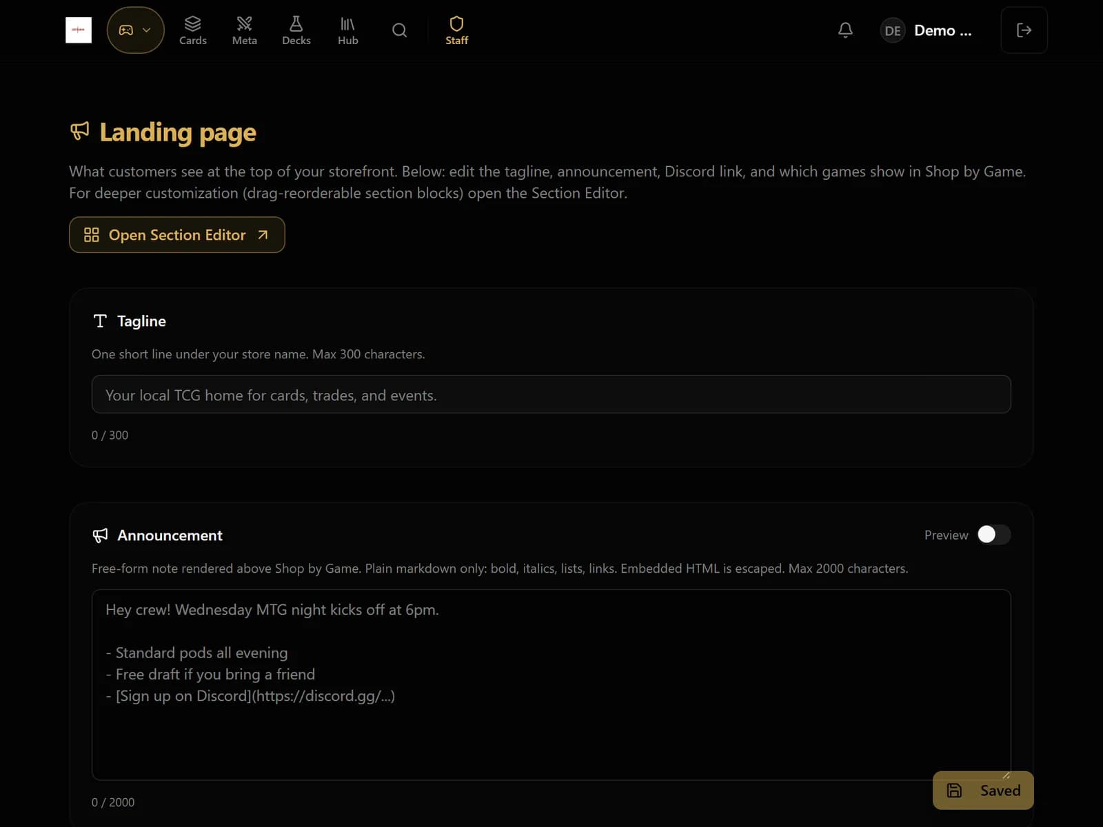 Landing page editor with fields for the store tagline and an announcement, and an Open Section Editor button.