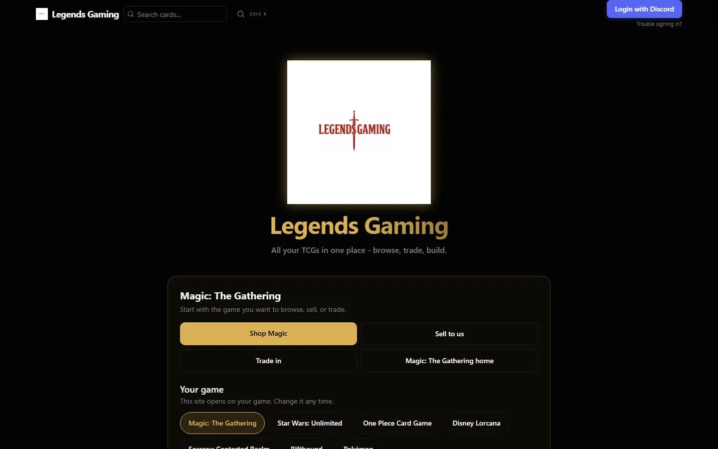 Legends Gaming storefront home page with the store logo, a Magic: The Gathering panel with Shop Magic, Sell to us and Trade in buttons, and a Your game picker.