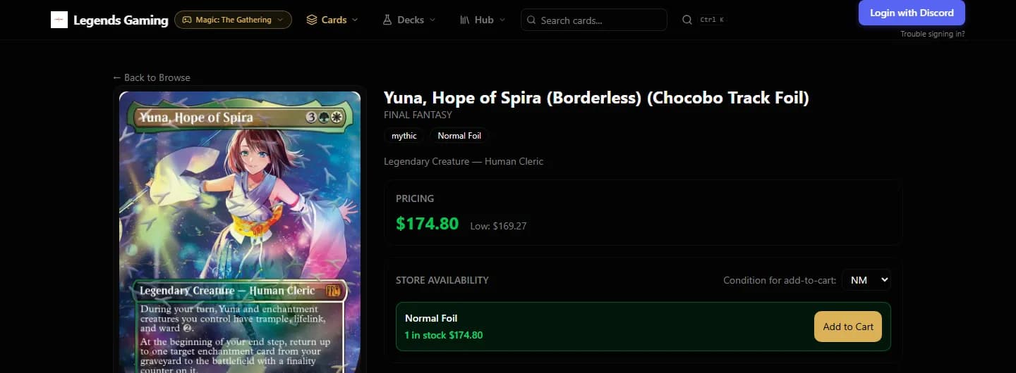 Card detail page for a Magic card showing its price, low price and a store availability box with one in stock and an Add to Cart button.