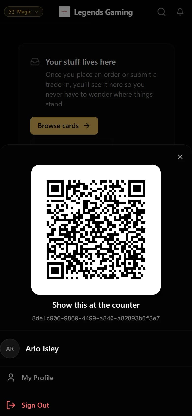 Phone screen with a large QR code labeled Show this at the counter, for a demo customer.