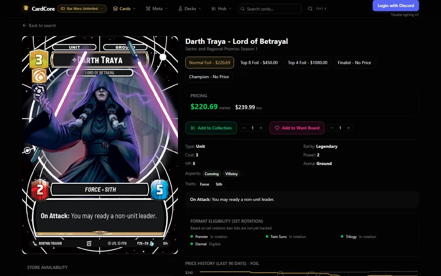 Star Wars: Unlimited card page for a legendary unit showing variant price buttons, market and low price, and format eligibility.