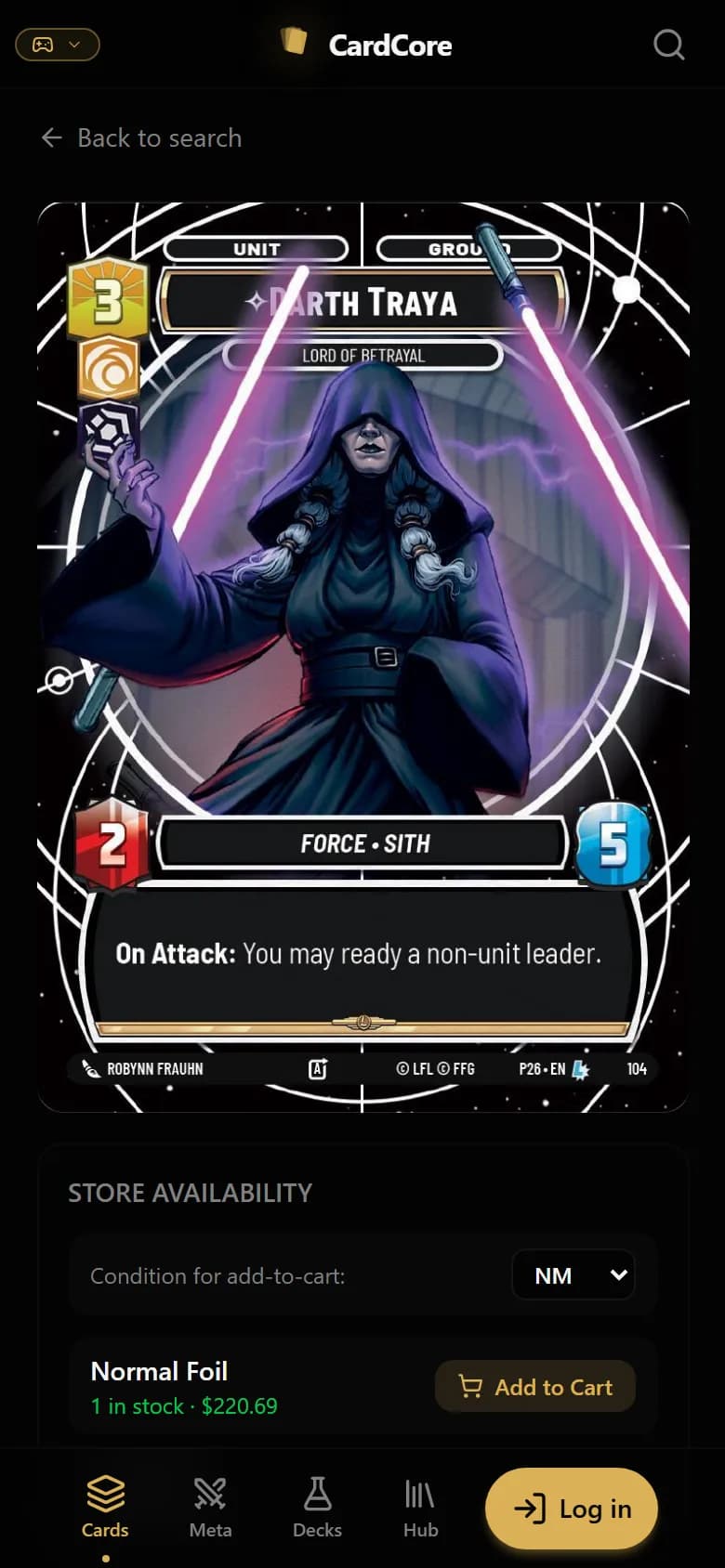 Star Wars: Unlimited card on a phone with a store availability box showing one in stock and an Add to Cart button.