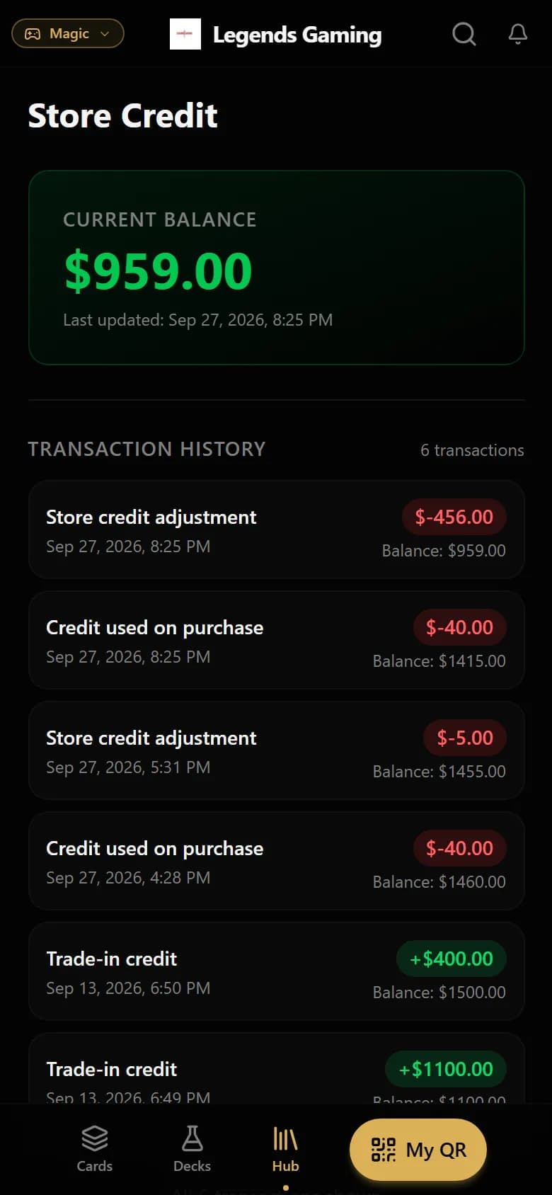 Store Credit page on a phone showing a current balance and a transaction history.