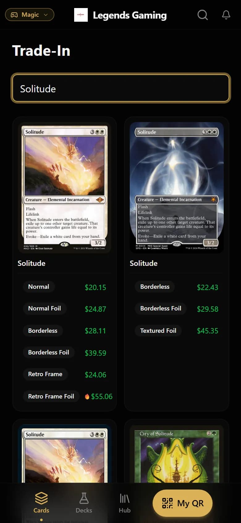 Trade-In page on a phone with a card search and offers for each variant of a Magic card.