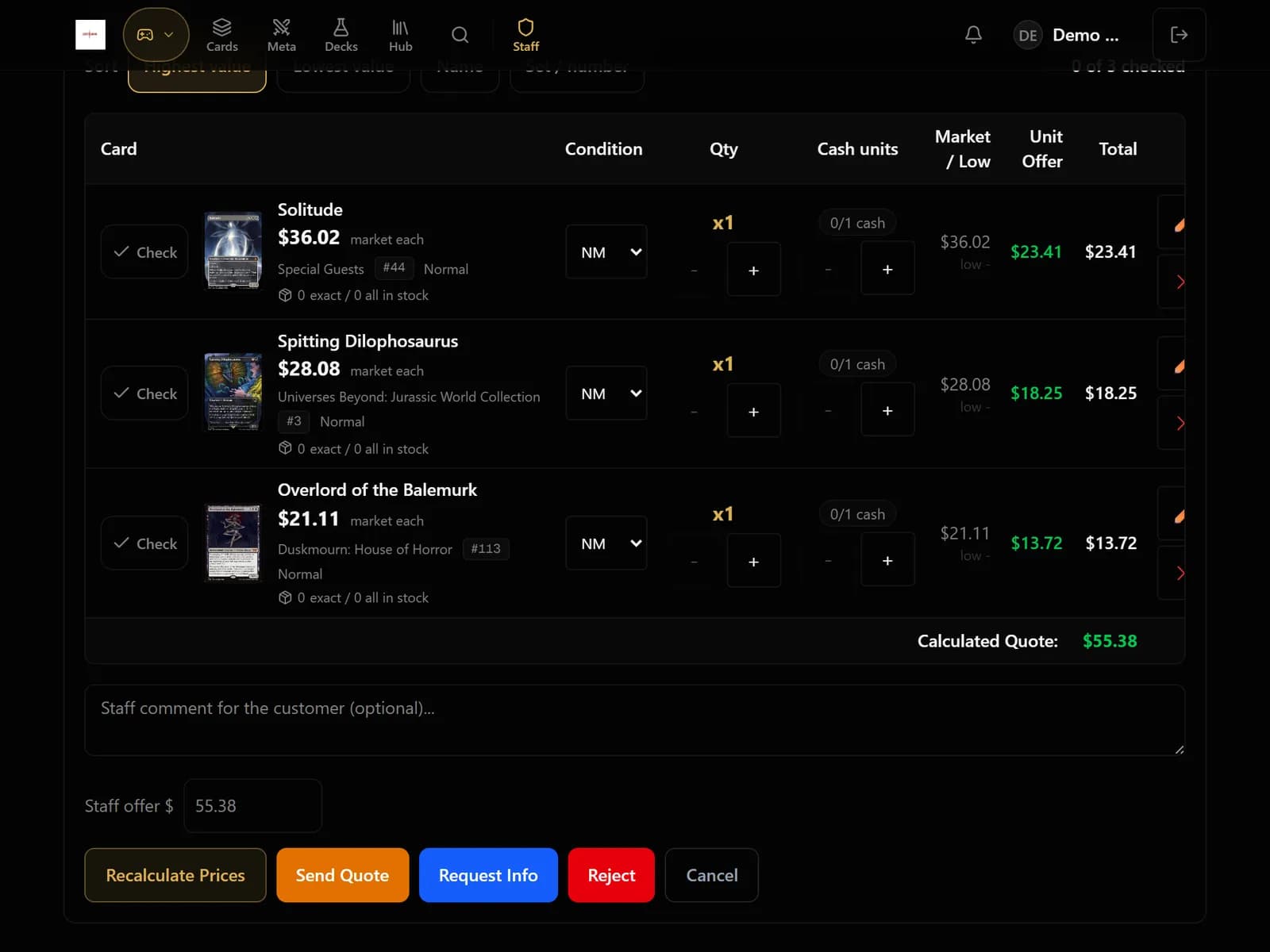 Trade-in items table with a Check button per card, condition selectors, market price, unit offer and totals, and Send Quote, Request Info and Reject buttons.
