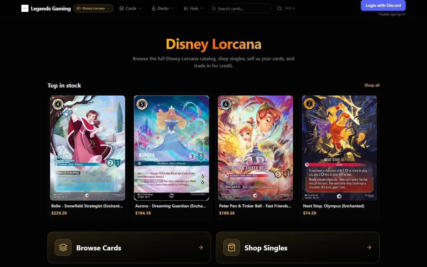 Disney Lorcana hub page showing four top in-stock cards with prices.