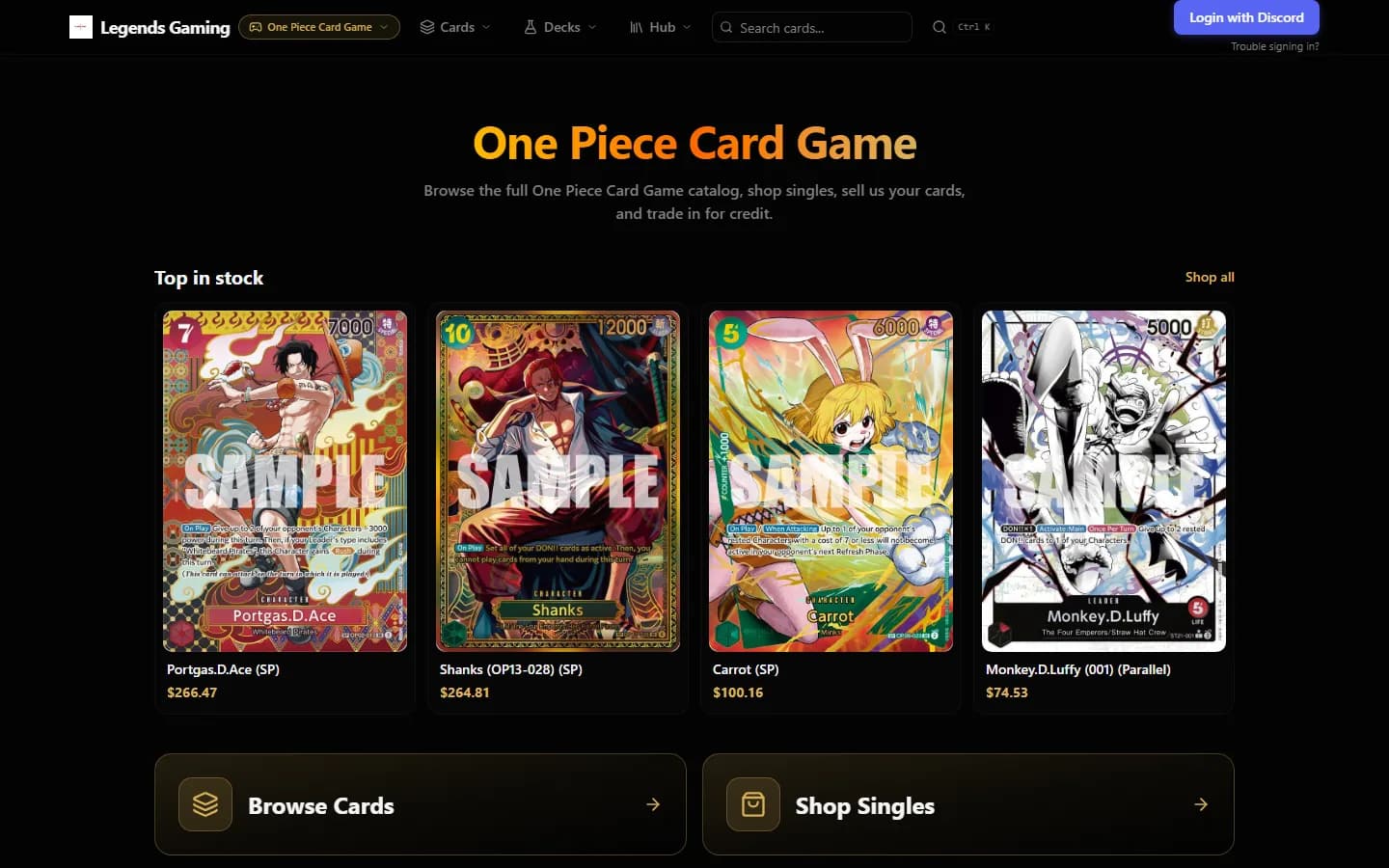 One Piece Card Game hub page showing four top in-stock cards with prices.
