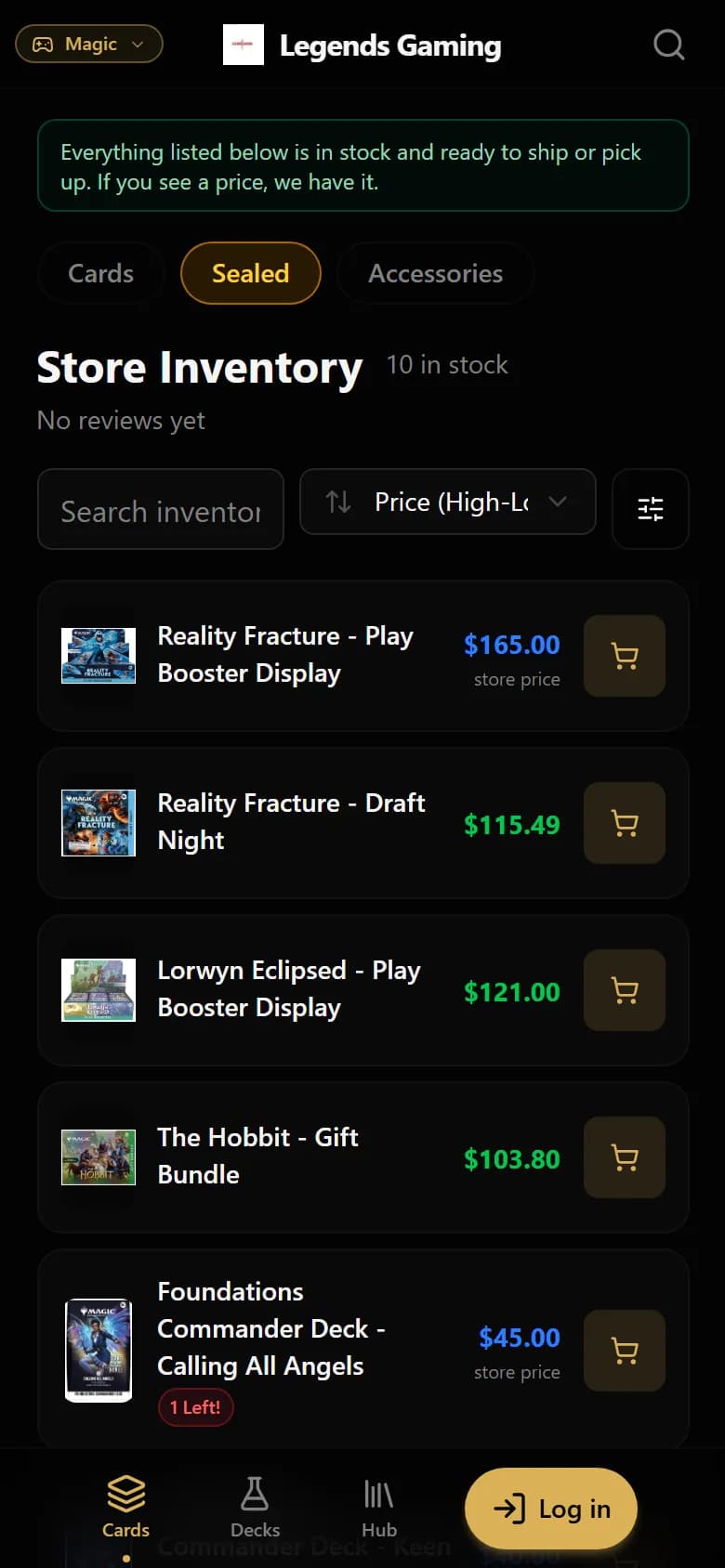 Sealed product list on a phone with booster displays and commander decks and their store prices.