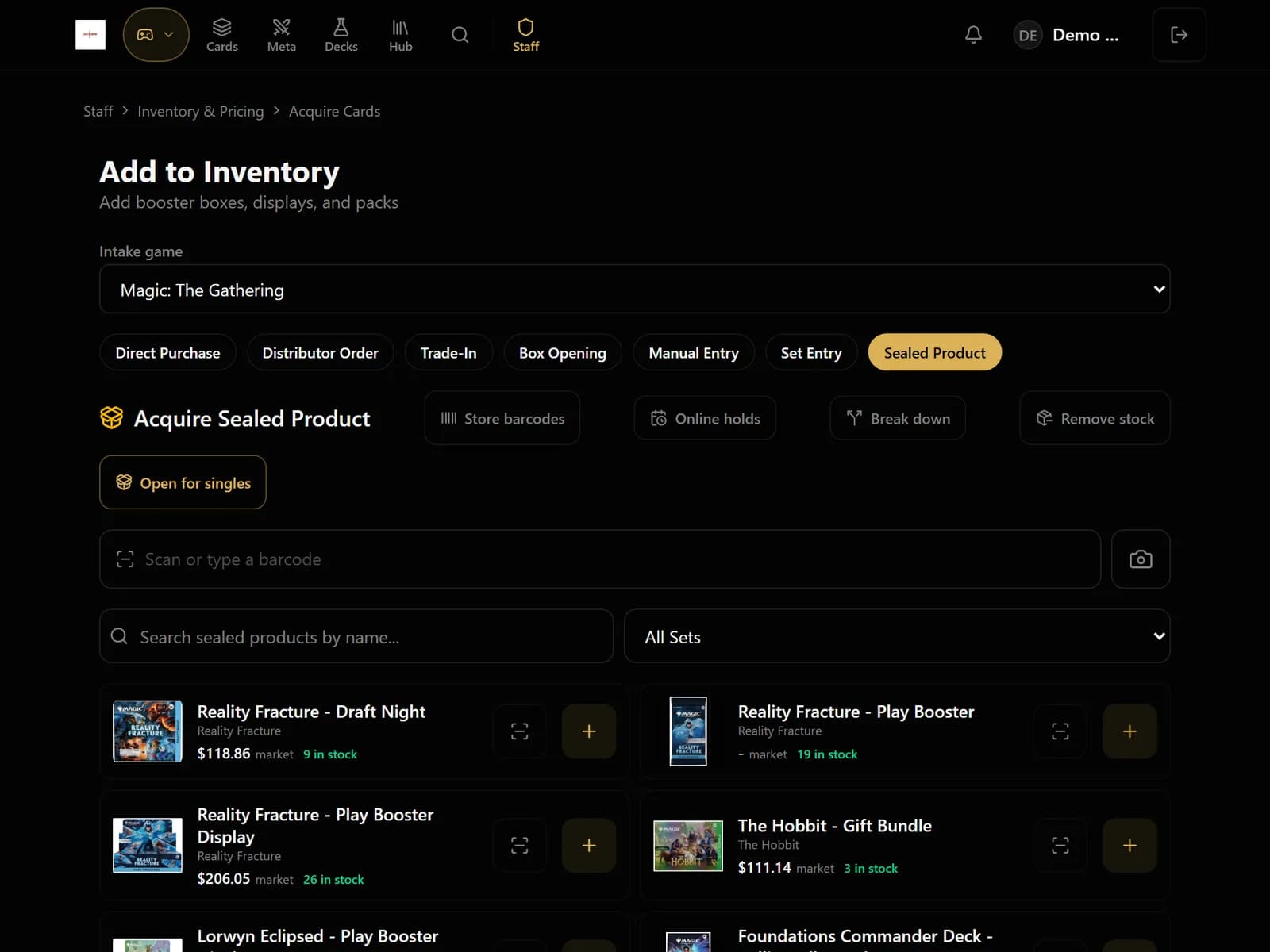 Add to Inventory screen in Sealed Product mode with a barcode scan box, buttons for store barcodes, online holds, break down and remove stock, and sealed products with market price and stock.