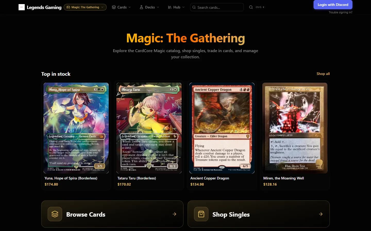 Magic: The Gathering hub page showing four top in-stock cards with prices and buttons to browse cards and shop singles.