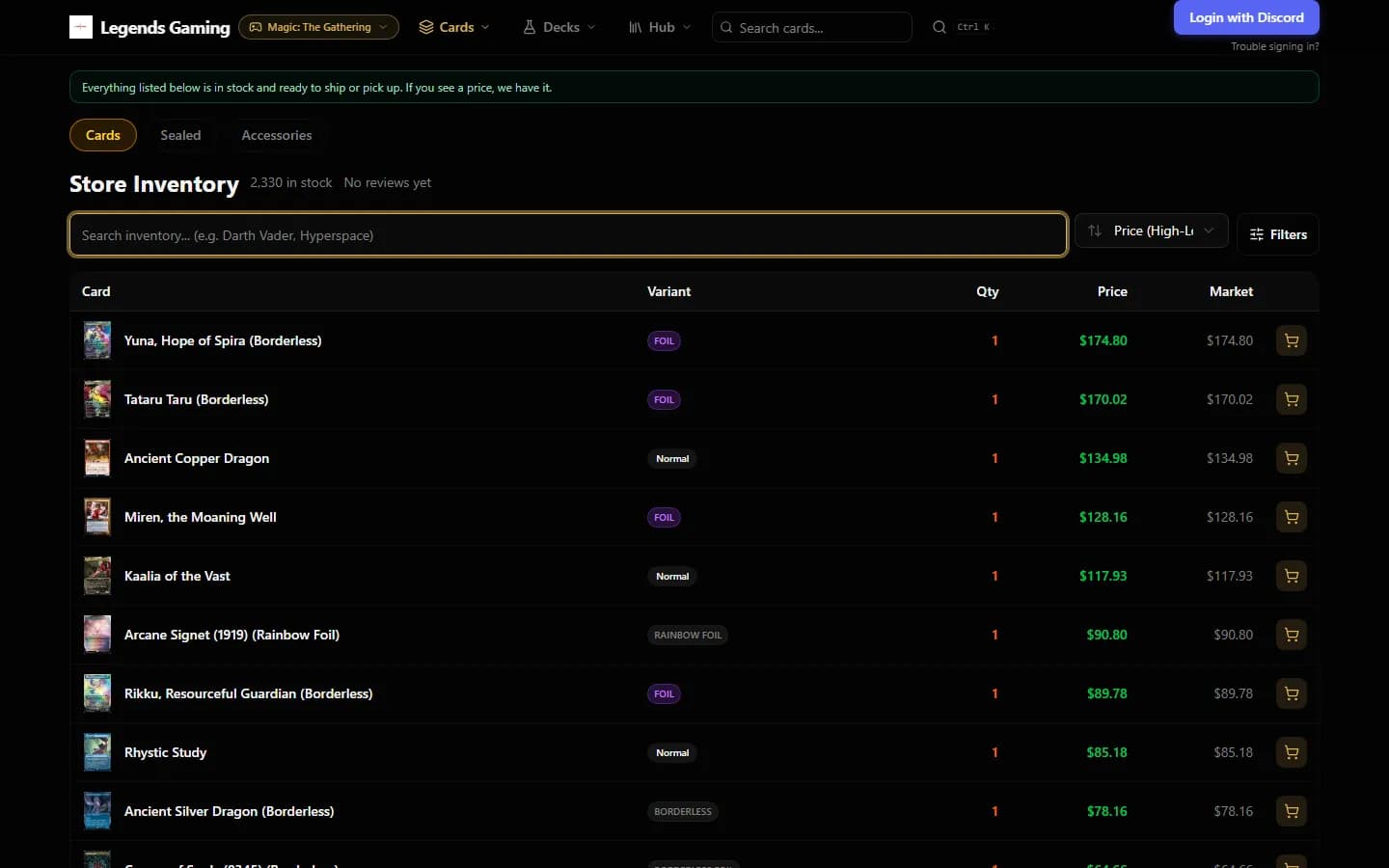 Store inventory table of in-stock Magic singles with variant badges, quantity, store price and market price, sorted by price high to low.